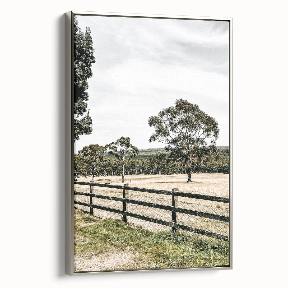 Farmhouse Wall Art – Fenced Pasture with Trees Print for Rustic Decor