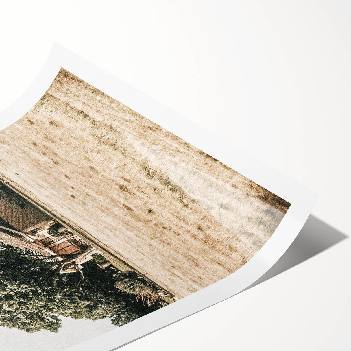 Farmhouse Wall Art – Tranquil Country Home under Oak Tree Print