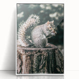 Squirrel on Tree Stump Wall Art – Rustic Farmhouse Nature Decor Print