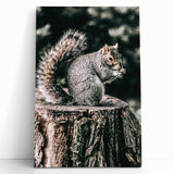 Squirrel on Tree Stump Wall Art – Rustic Farmhouse Nature Decor Print