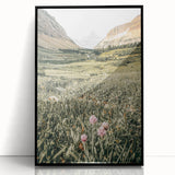 Rustic Farmhouse Wall Art - Serene Mountain Valley with Wildflowers