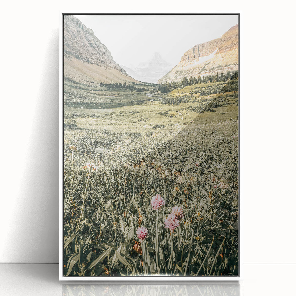 Rustic Farmhouse Wall Art - Serene Mountain Valley with Wildflowers