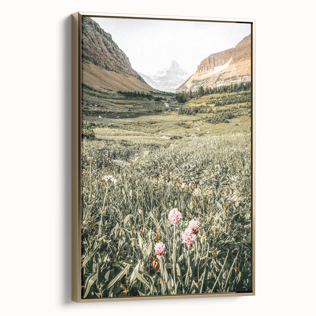 Rustic Farmhouse Wall Art - Serene Mountain Valley with Wildflowers
