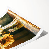 Farmhouse Wall Art - Rustic Sunflower Bouquet in Vintage Glass Vase