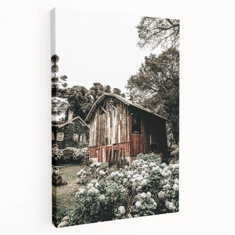 Farmhouse Wall Art - Rustic Barn with Garden Flowers for Country Decor
