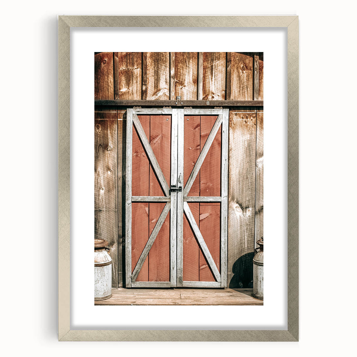 Rustic Barn Door Wall Art - Vintage Farmhouse Style with Milk Cans