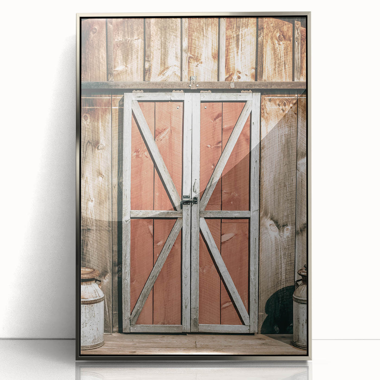 Rustic Barn Door Wall Art - Vintage Farmhouse Style with Milk Cans