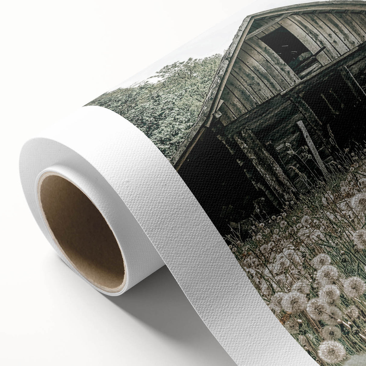 Vintage Farmhouse Wall Art: Rustic Barn with Dandelion Meadow