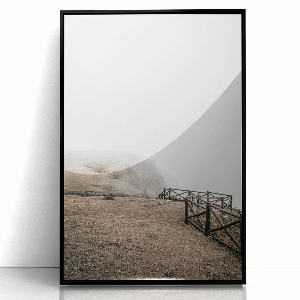 Farmhouse Wall Art: Rustic Fence on Misty Hillside Landscape Décor