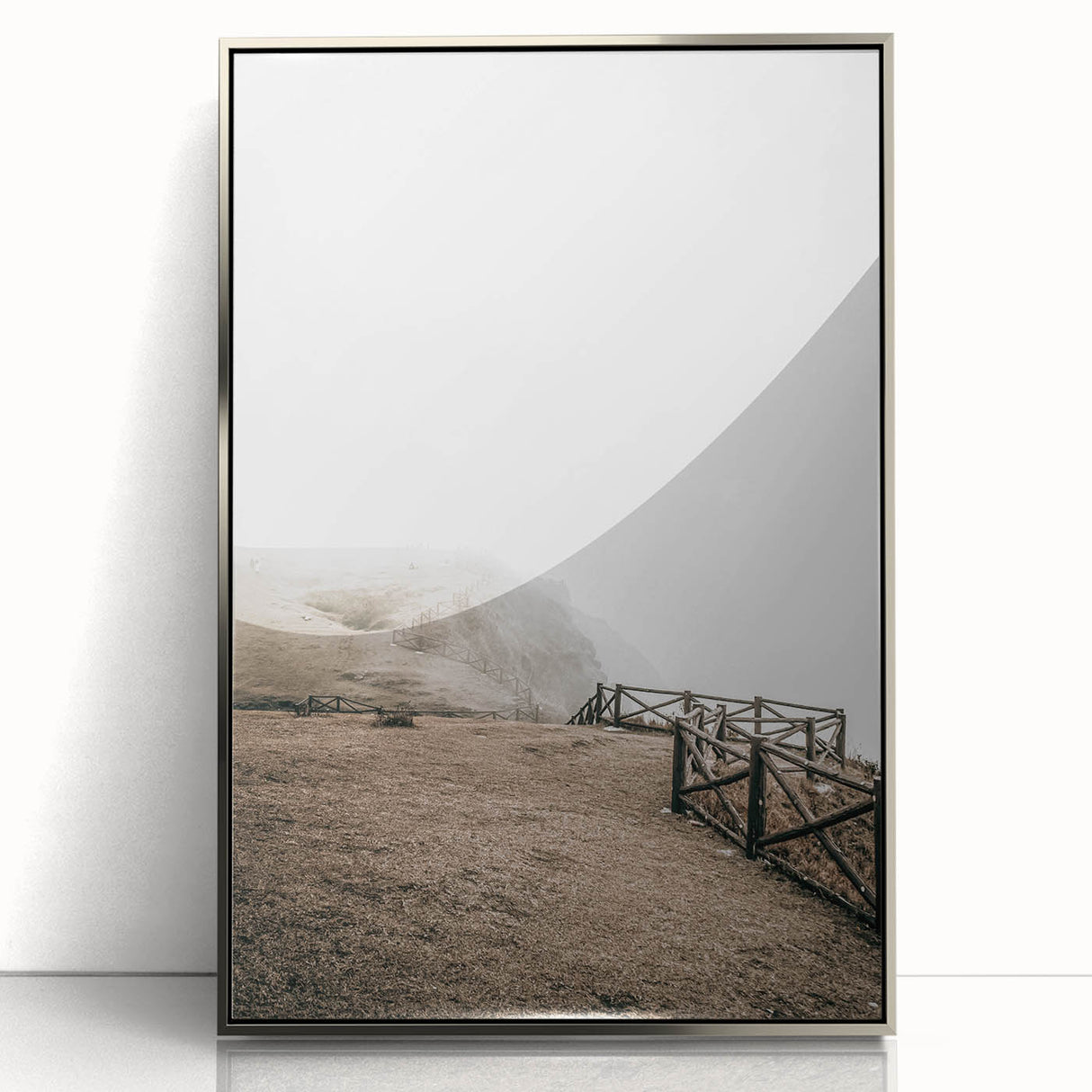 Farmhouse Wall Art: Rustic Fence on Misty Hillside Landscape Décor