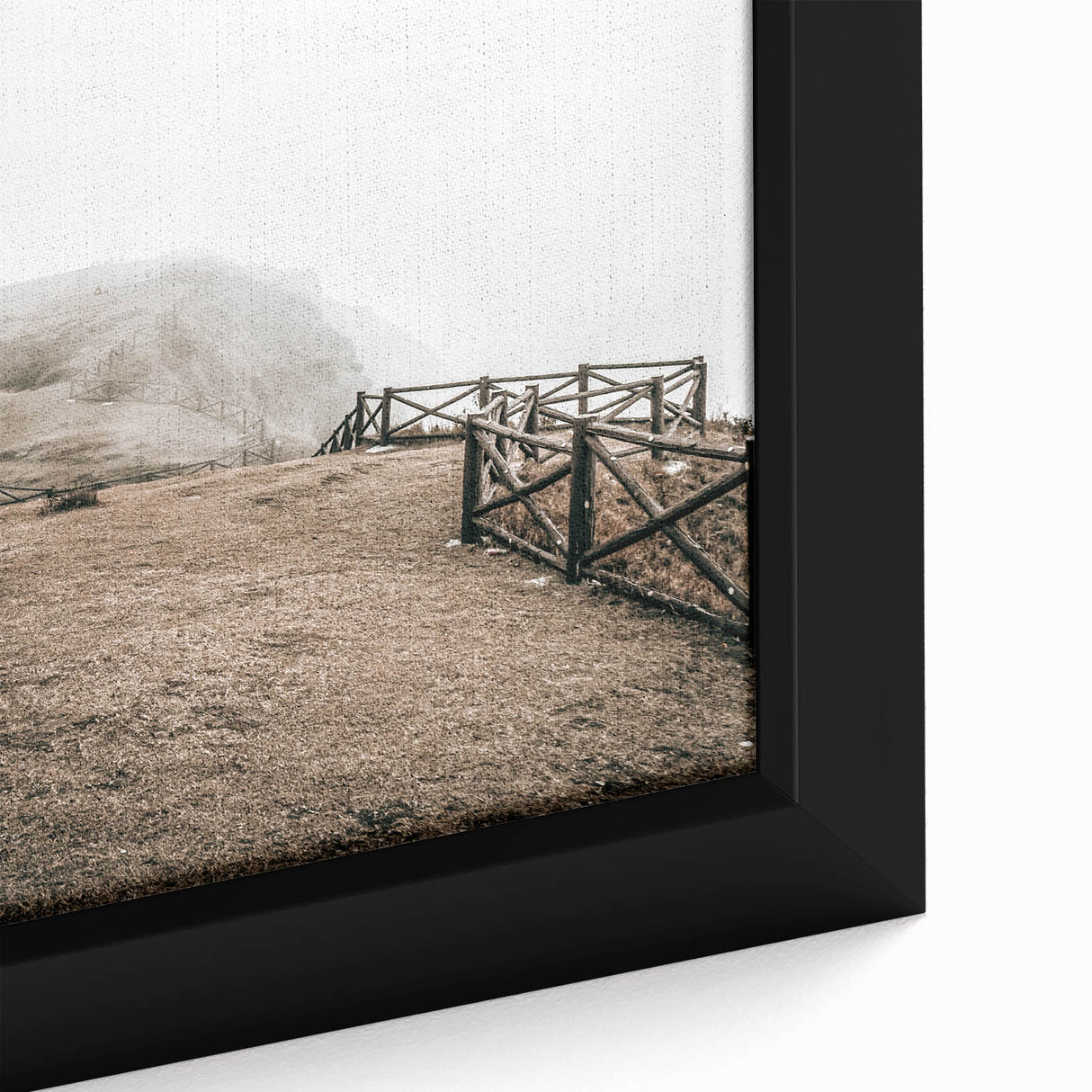 Farmhouse Wall Art: Rustic Fence on Misty Hillside Landscape Décor