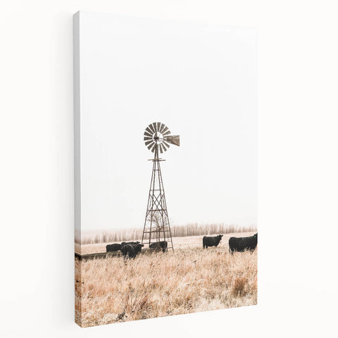 Farmhouse Wall Art: Windmill and Cattle Scene for Rustic Country Decor