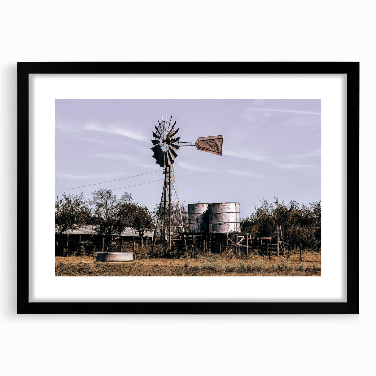 Windmill and Water Tanks Farmhouse Wall Art – Rustic Country Decor Print