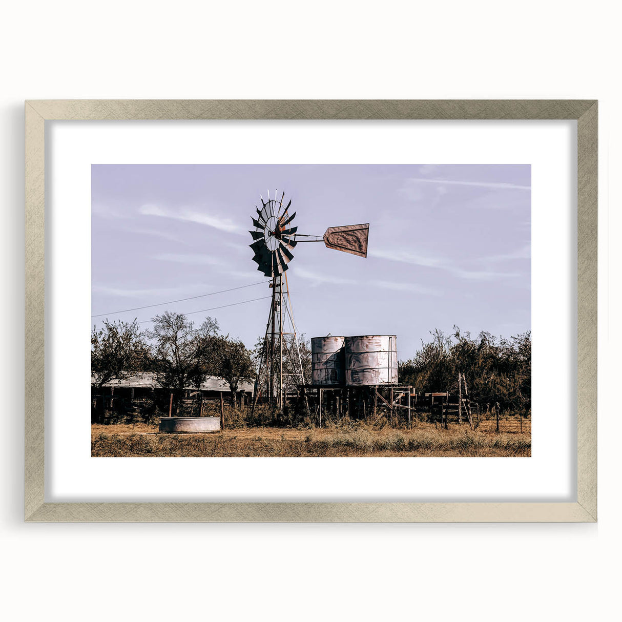 Windmill and Water Tanks Farmhouse Wall Art – Rustic Country Decor Print