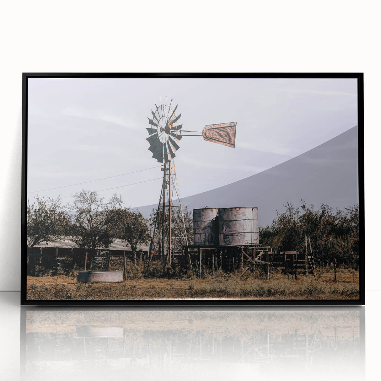 Windmill and Water Tanks Farmhouse Wall Art – Rustic Country Decor Print