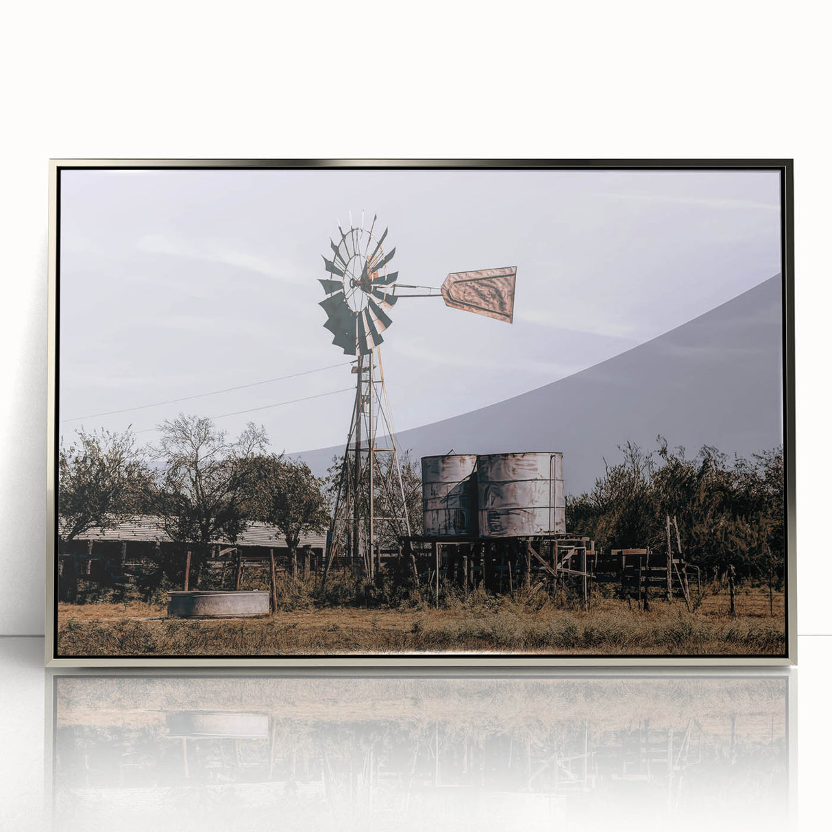 Windmill and Water Tanks Farmhouse Wall Art – Rustic Country Decor Print