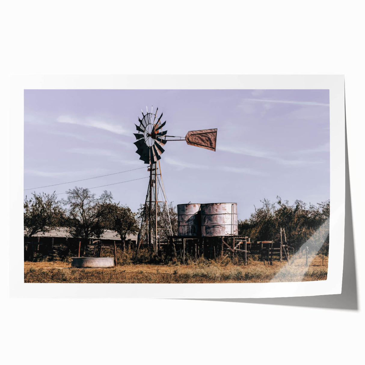 Windmill and Water Tanks Farmhouse Wall Art – Rustic Country Decor Print