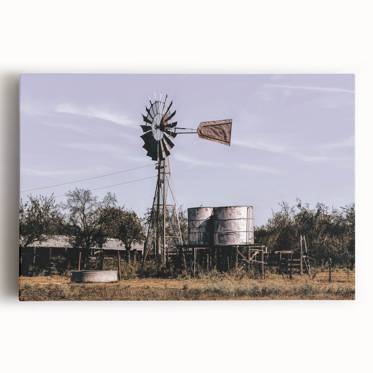 Windmill and Water Tanks Farmhouse Wall Art – Rustic Country Decor Print