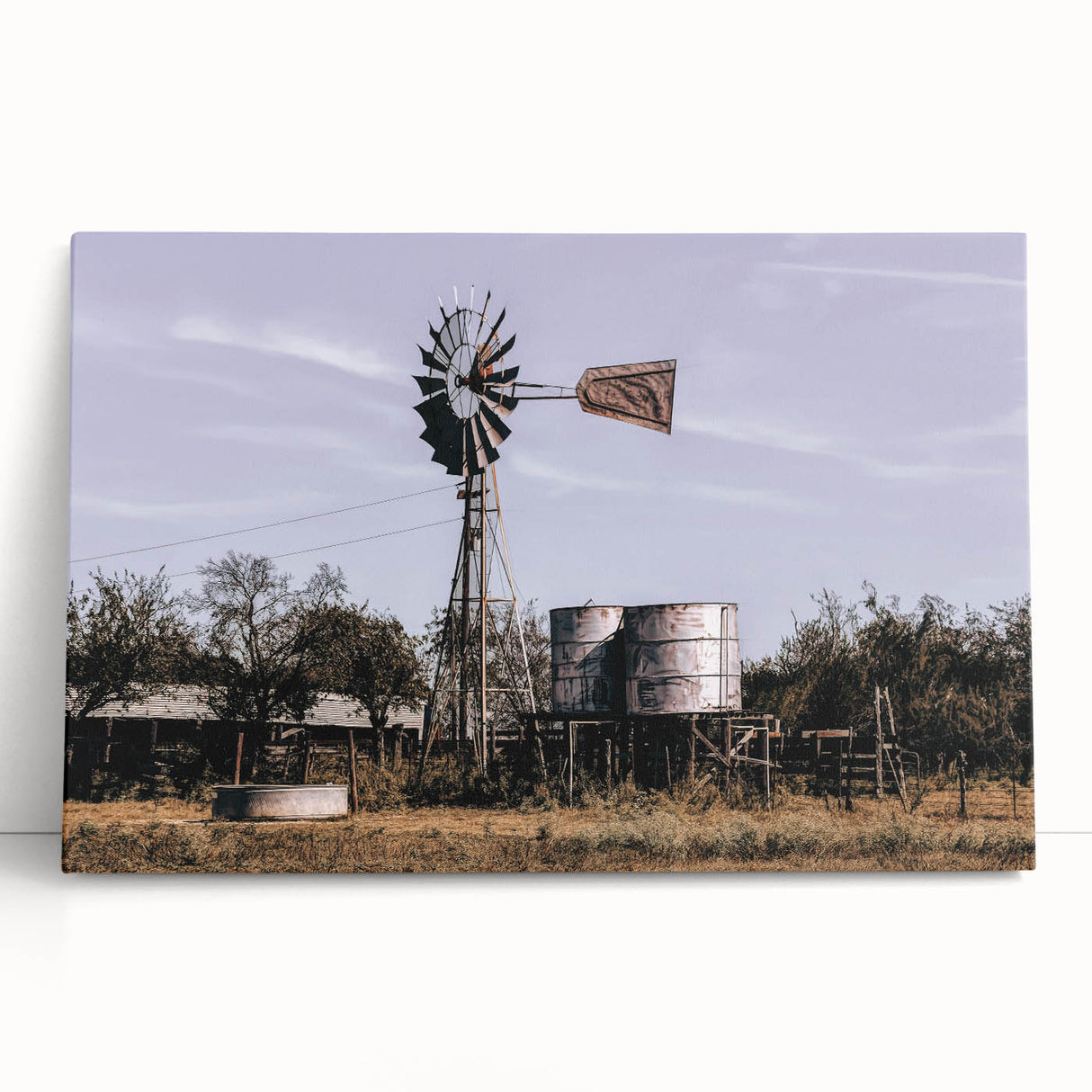Windmill and Water Tanks Farmhouse Wall Art – Rustic Country Decor Print