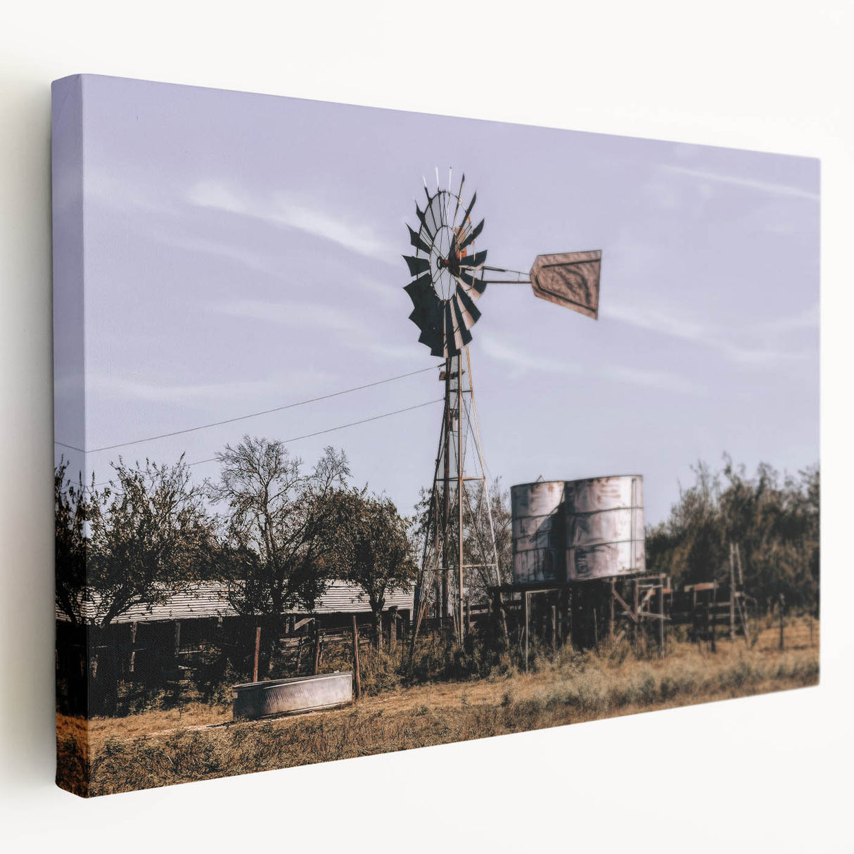 Windmill and Water Tanks Farmhouse Wall Art – Rustic Country Decor Print