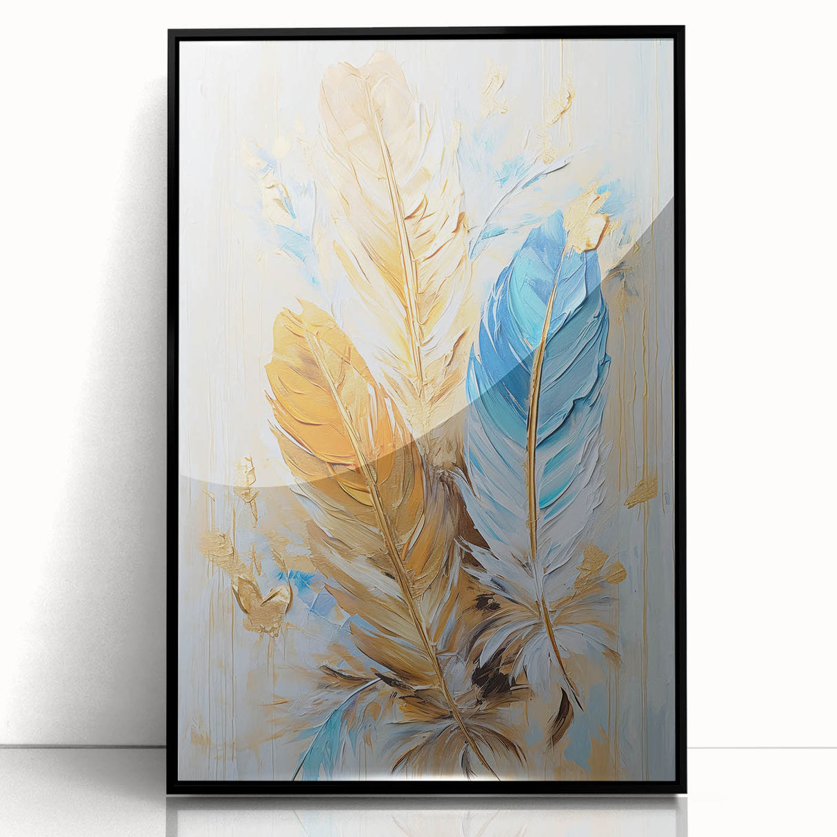 Glam Wall Art | Luxurious Gold and Blue Feather Art | Modern Glam Decor