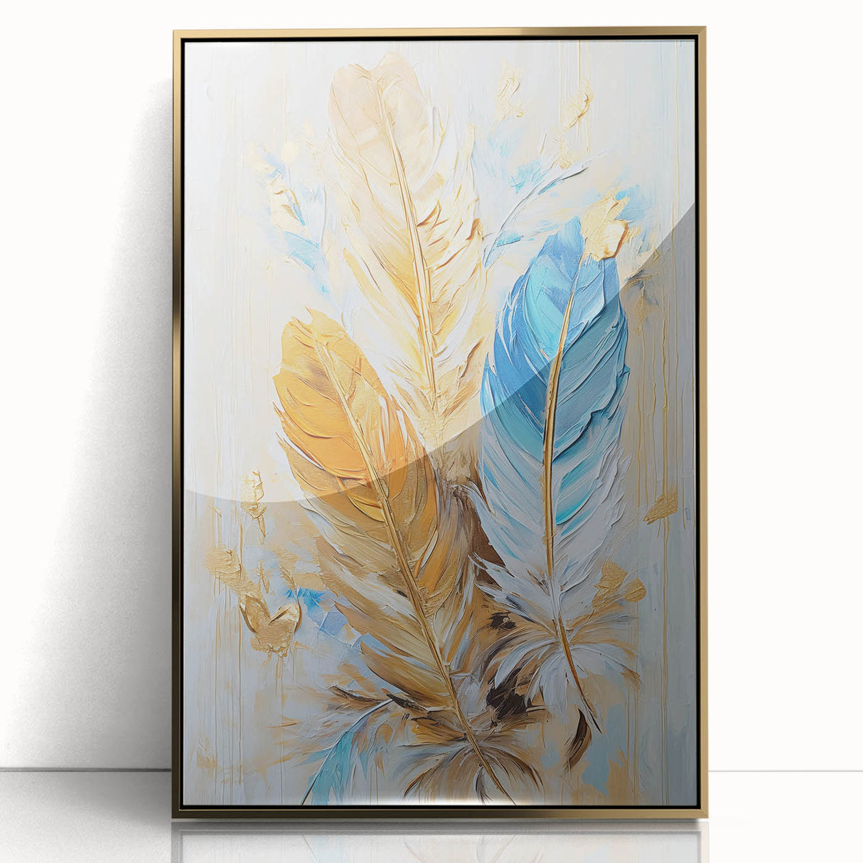 Glam Wall Art | Luxurious Gold and Blue Feather Art | Modern Glam Decor