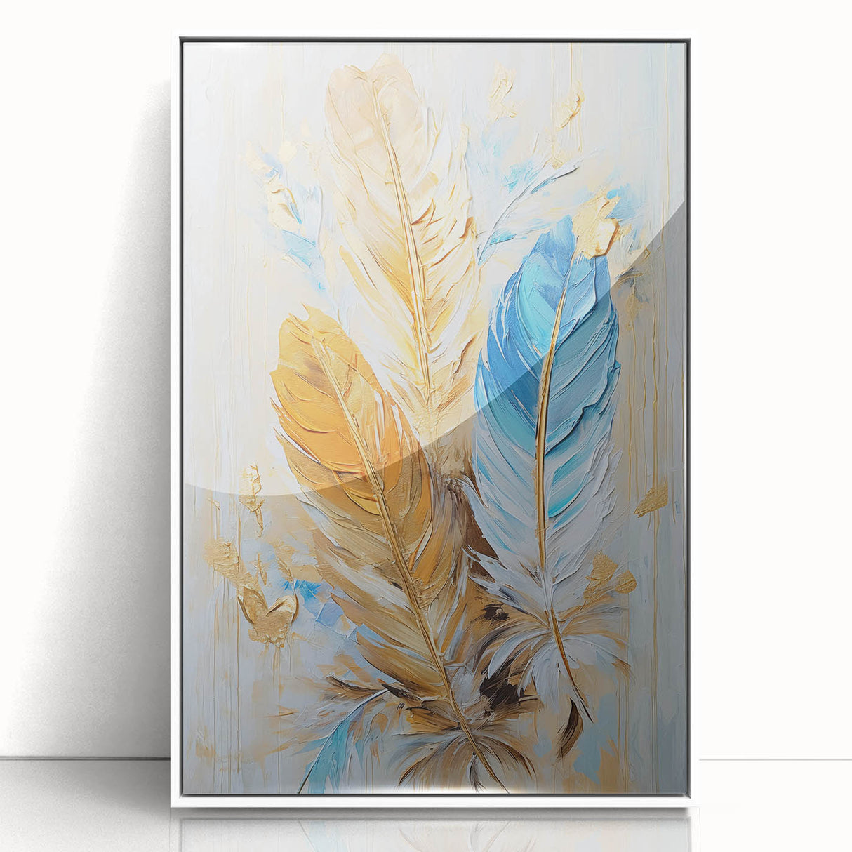 Glam Wall Art | Luxurious Gold and Blue Feather Art | Modern Glam Decor