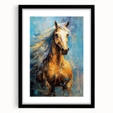 Golden Horse Glam Wall Art - Luxury Blue and Gold Decor for Chic Homes