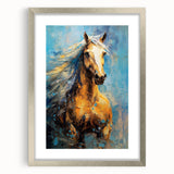 Golden Horse Glam Wall Art - Luxury Blue and Gold Decor for Chic Homes