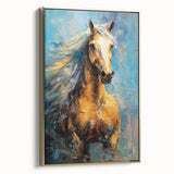 Golden Horse Glam Wall Art - Luxury Blue and Gold Decor for Chic Homes