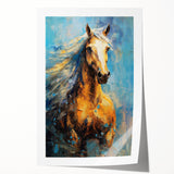 Golden Horse Glam Wall Art - Luxury Blue and Gold Decor for Chic Homes