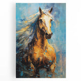 Golden Horse Glam Wall Art - Luxury Blue and Gold Decor for Chic Homes