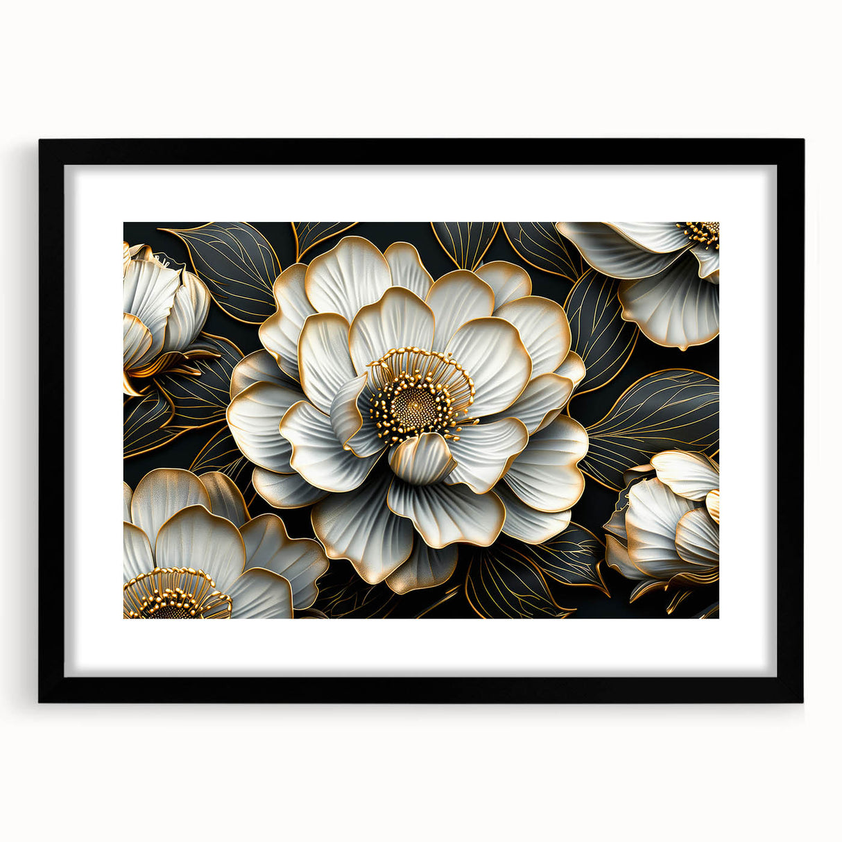 Glamorous Black and Gold Floral Wall Art – Luxury Modern Botanical Decor