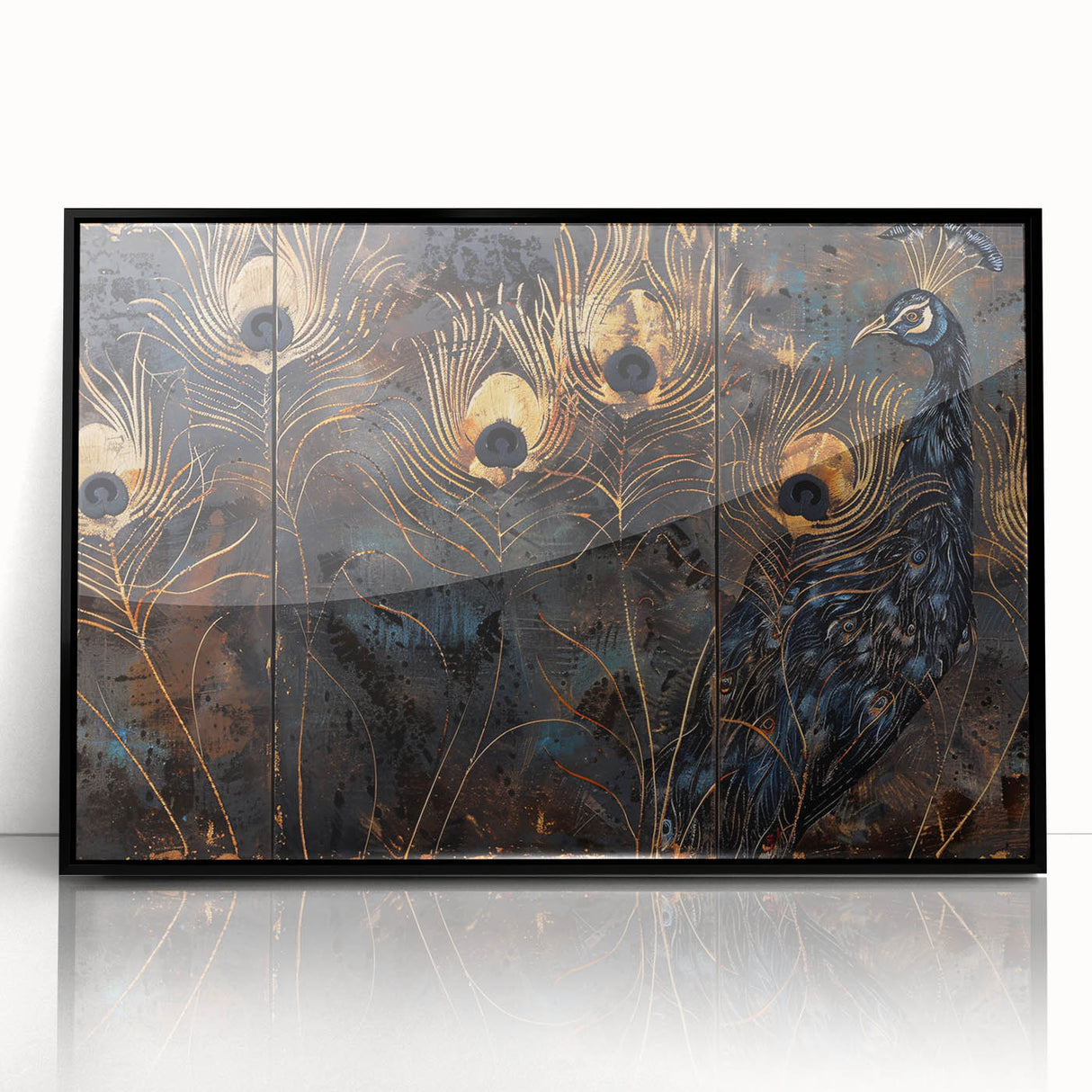 Glamorous Peacock Feather Wall Art – Luxury Black and Gold Decor