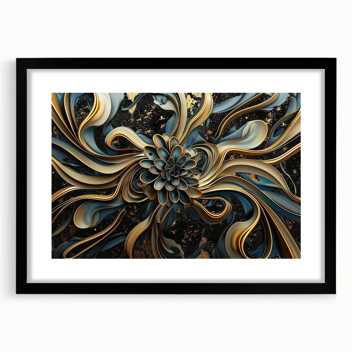 Glamorous Black, Gold, and Teal Floral Wall Art – Luxury Modern Decor