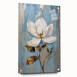 Elegant Floral Glam Wall Art - White Flower on Blue and Gold Background