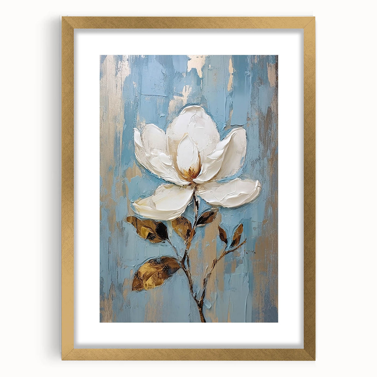 Elegant Floral Glam Wall Art - White Flower on Blue and Gold Background
