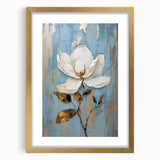 Elegant Floral Glam Wall Art - White Flower on Blue and Gold Background