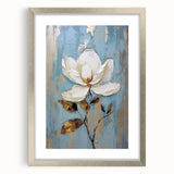 Elegant Floral Glam Wall Art - White Flower on Blue and Gold Background