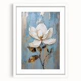 Elegant Floral Glam Wall Art - White Flower on Blue and Gold Background