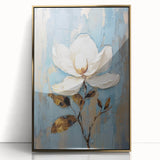 Elegant Floral Glam Wall Art - White Flower on Blue and Gold Background