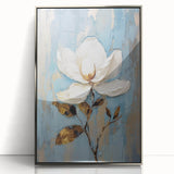 Elegant Floral Glam Wall Art - White Flower on Blue and Gold Background