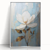 Elegant Floral Glam Wall Art - White Flower on Blue and Gold Background