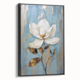 Elegant Floral Glam Wall Art - White Flower on Blue and Gold Background