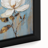 Elegant Floral Glam Wall Art - White Flower on Blue and Gold Background