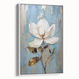 Elegant Floral Glam Wall Art - White Flower on Blue and Gold Background