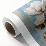 Elegant Floral Glam Wall Art - White Flower on Blue and Gold Background