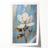 Elegant Floral Glam Wall Art - White Flower on Blue and Gold Background