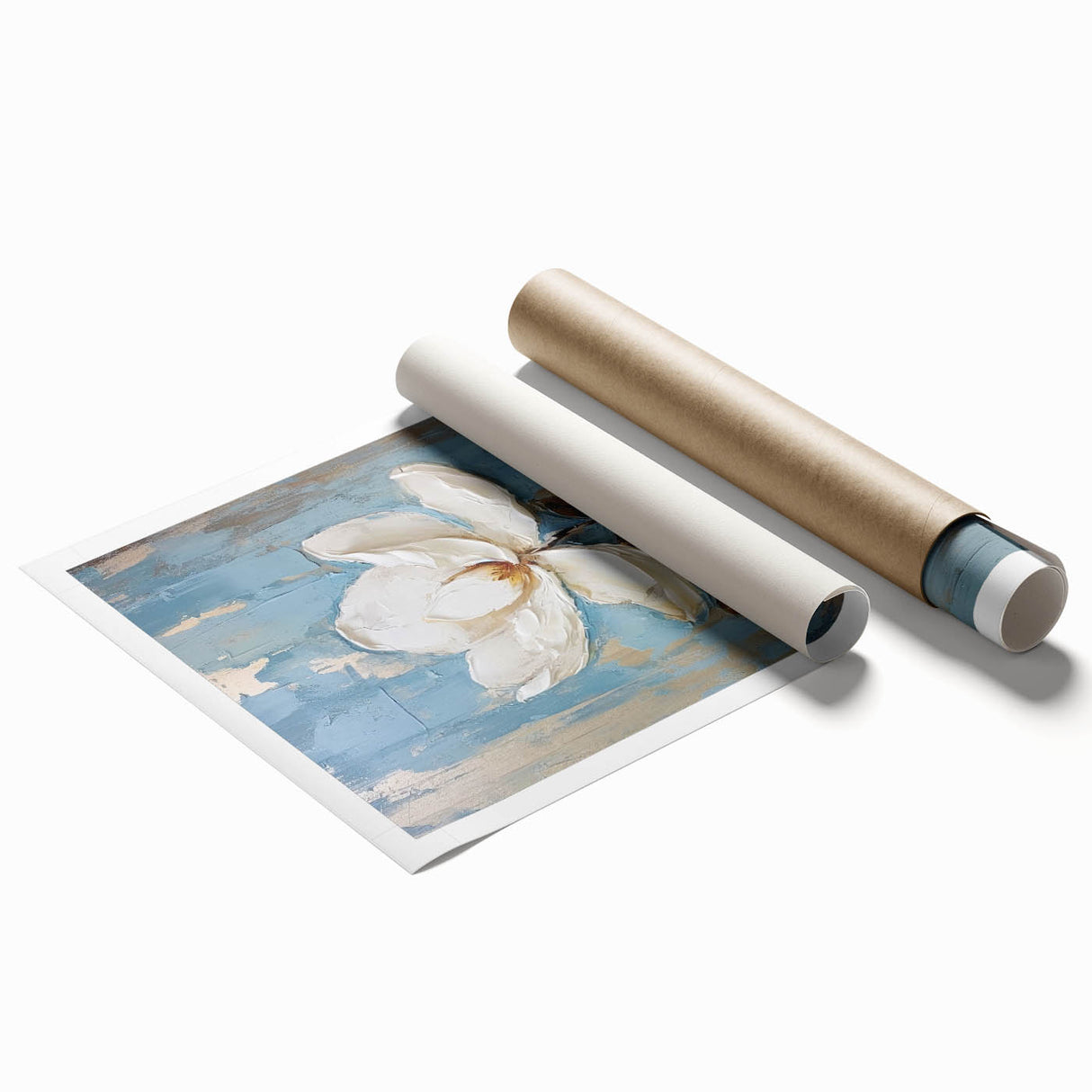 Elegant Floral Glam Wall Art - White Flower on Blue and Gold Background