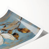 Elegant Floral Glam Wall Art - White Flower on Blue and Gold Background